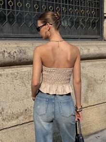 Siren Gaze Women Strapless Pleated Shirred Ruffle Hem Crop Top For Summer Vacation, Tube Top, Cinched Waist Top, Cropped Tube Top, Smocked Tube Top, Ruffle Hem Top, Bandeau Top, Casual Summer Wear Strapless Top Nude Top Summer Tube Top Cute Tube Top - Apricot - View 2