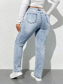 SHEIN ICON Quần jean denim dáng rộng, cổ điển, có túi, dành cho nữ, cỡ lớn. - Rửa nhẹ - Xem 2