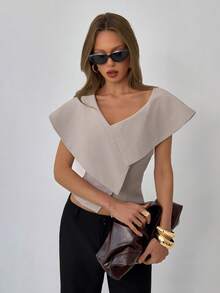 Aloruh 女士优雅艺术风时尚浪漫约会通勤不对称翻领西装外套，春夏款 - 卡其色 - 查看 5