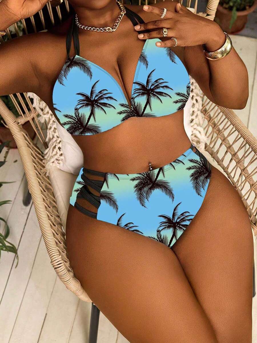 Slaydiva Plus Size Two-Tier Coconut Tree Print Tie-Front Sexy Summer Beach Bikini Set - Multicolor - View 1
