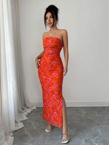 Rafferiza Women's Elegant Ruched Tie Dye Mesh Print Waist Cinching Strapless Party Split Dress - Orange - View 6