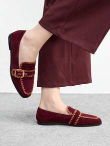 CUCCOO BIZCHIC 女士春秋时尚休闲厚底乐福鞋，复古学院风帆布搭扣交叉装饰，闭趾高帮小厚跟舒适通勤办公商务鞋 - 酒紅色 - 查看 2