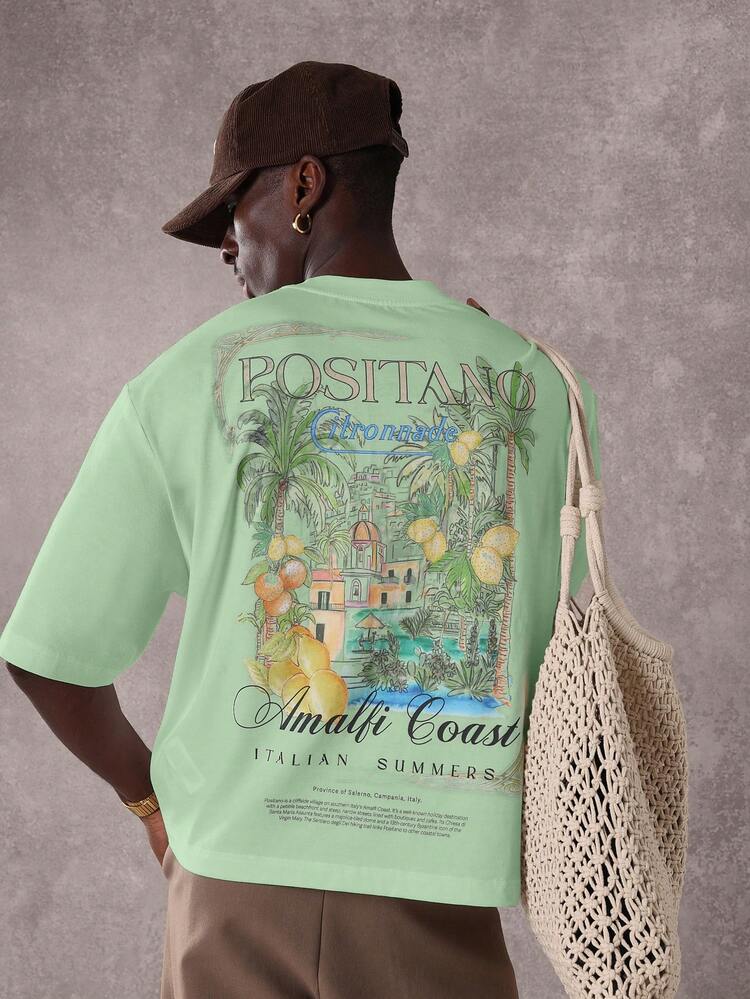 Maglietta girocollo a maniche corte da uomo con grafica di resort estivi italiani della di Amalfi e Positano, a stampa tropicale, a vita corta