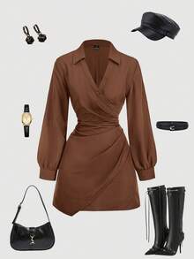 SHEIN MOD Đầm dài tay màu đen dành cho nữ, trang phục công sở cho nữ. - màu nâu - Xem 1