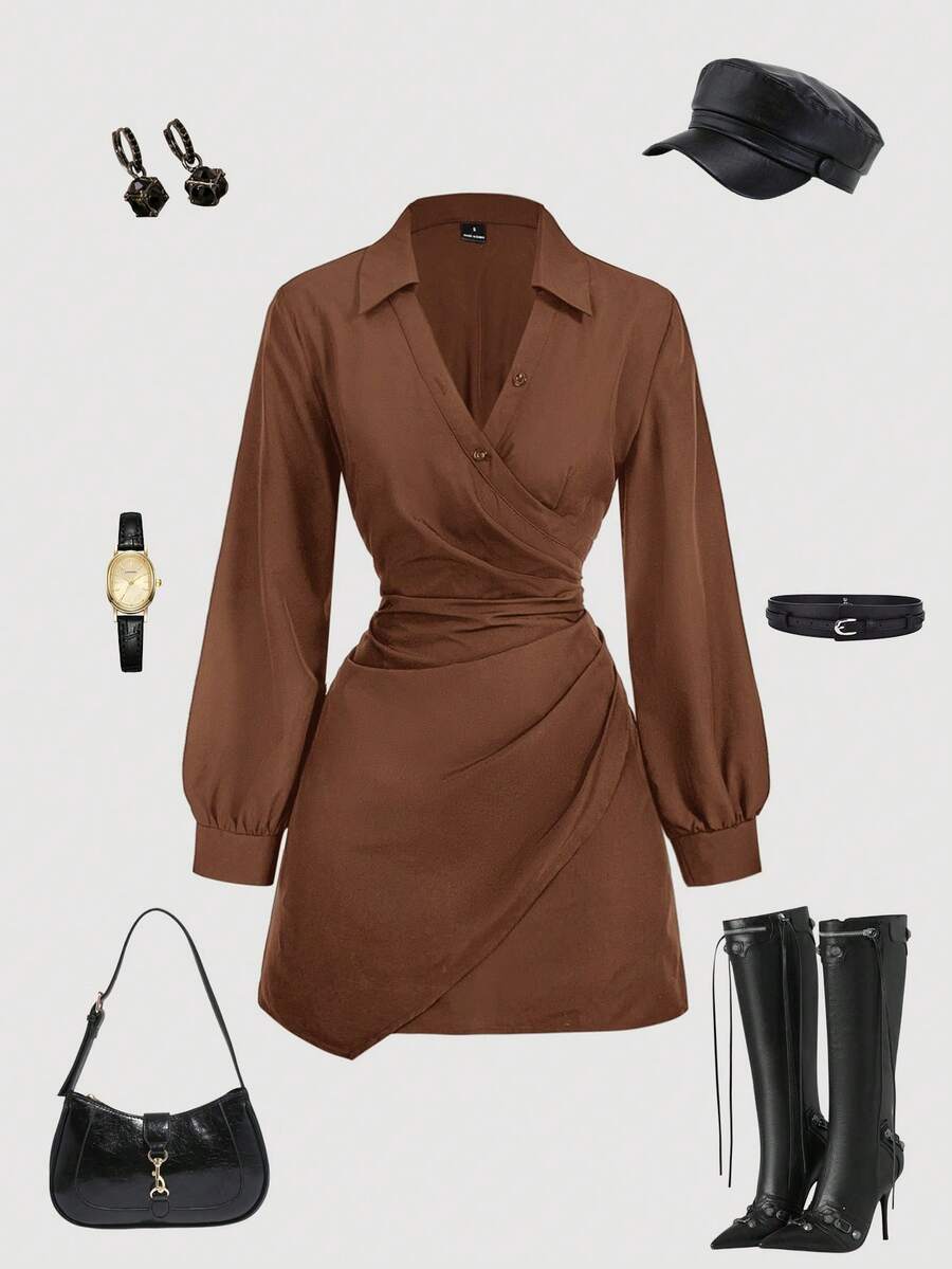 SHEIN MOD Đầm dài tay màu đen dành cho nữ, trang phục công sở cho nữ. - màu nâu - Xem 1