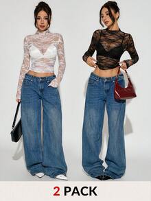 SHEIN PETITE 2pcs Pair Women Lace & Mesh Long Sleeve Sexy Top, 2 Pieces Set See Through Top Women Sexy Tops - Multicolor - View 6