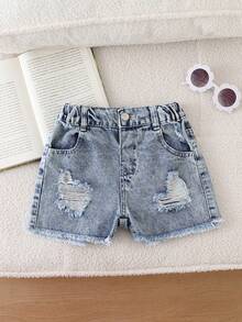 Short en jean délavé pour filles, bleu clair avec détails déchirés, broderie de nœud rose, style ajusté confortable, en coton denim, convient pour l'école, les déplacements, le port quotidien, nouvelle arrivée - Jean clair - Voir 2