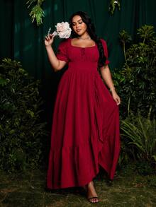 Roveilla Plus Size Square Neck Ruffle Trim Slit A-Line Dress, Burgundy, Elegant Vintage Style For Holiday, Party, Occasion - Burgundy - View 5