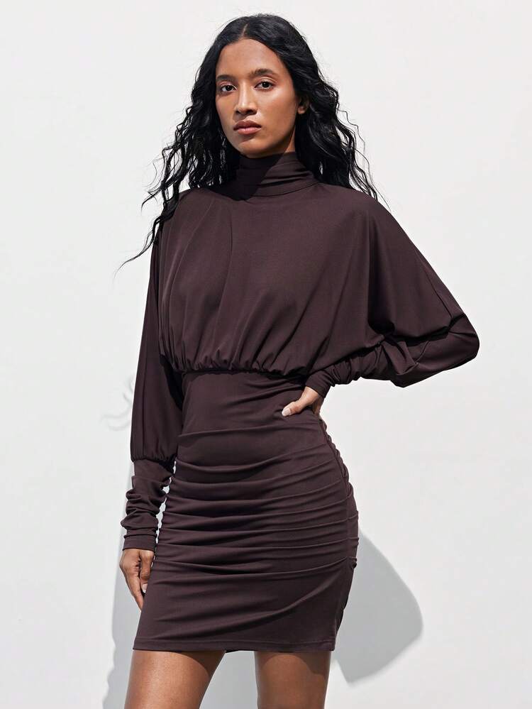 SHEIN Maija Brown Round Neck Sleeveless Dress With Waist Tie Back For Women High Neck Dress Ruched Dresses For Women Ruched Bodycon Dress High Stretch Dress Valentine's Day Vacation Outfits Women Spring To Summer Party Dress