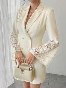 DAZY Vestido mini elegante de mujer con parches de encaje y cuello de blazer, vestido de invitada de boda de primavera/verano - Beis - Ver 7