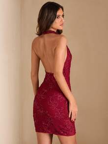SHEIN BAE Women's Red Floral Sequin Sleeveless Bodycon Mini Dress, Vacation Dress, Elegant Dress, Party Dress, Cocktail Dress, Music Festival Dress, Spring/Summer Women Mini Dresses Elegant Women Dress Wine Dress - Red - View 2