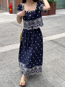 DAZY 2件套 女士花卉刺绣方领衬衫和裙子 - 藏蓝色 - 查看 7