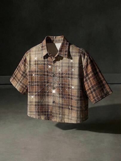 NEON BLANC Men's Rhinestone Print Plaid Short Sleeve Shirt