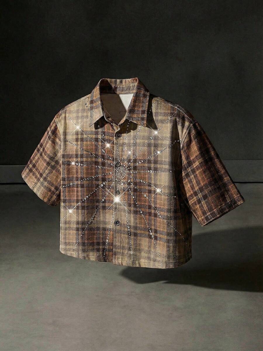 NEON BLANC Men's Rhinestone Print Plaid Short Sleeve Shirt - Coffee Brown - View 1
