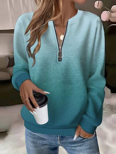 EMERY ROSE Plus Size Women Casual Gradient Print Zip-Up Crew Neck Sweatshirt, American Minimalist Style