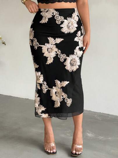Firerie Plus Size Elegant Floral Embroidered Skirt, Suitable For Commuting