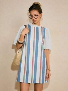 Poéselle Women's Frill Collar Patchwork Hollow Out Embroidery Puff Sleeve Striped Casual Dress - Blue and White - View 6