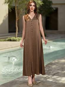 Layrah Luxury Elegant Party V-Neck Rhinestone Decor Sleeveless Dress And Arabic Robe Set - Brown - View 7