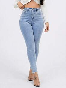 SHEIN SXY 女式纯色休闲牛仔裤 - 藍色 - 查看 5