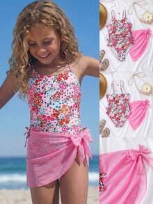 SHEIN Emery Rose Kids 2pcs/Set Tween Girls Beachwear Vacation Ditsy Floral Side Bow Decor Casual One-Piece Swimsuit With Cover-Up Skirt Tween Girls  Vacation Ditsy Floral Side Bow Decor Casual One-Piece Swimsuit With Cover-Up Skirt Summer Sets For Girls Three Piece Swimsuit Set Tween Swimsuit Daisy Tween Swimsuit  Cute Summer Sets - Pink - View 3
