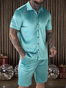 Manfinity AFTRDRK Men Velvet Shirt & Drawstring Waist Shorts Gold Shirt Menmen's Two Pieces Set - Mint Green - View 7