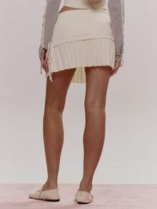 MUSERA Foldover Waist Lace Through Bow Detail Pleated Knit Skort Cute Girly Sexy Spring Winter Going Out Daily Easter Sugar Swizzle - Beige - View 4