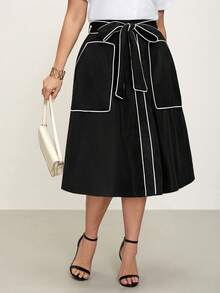 Comfylo 大码女式撞色滚边系带腰带口袋休闲半身裙 - 黑色 - 查看 6