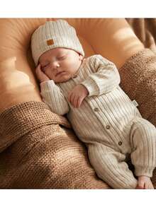 Loomiva 新生儿男/女宝宝两件套纯色针织柔软圆领长袖连体衣和帽子 - 彩色 - 查看 1