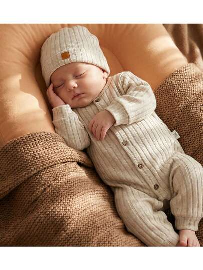 Loomiva 新生儿男/女宝宝两件套纯色针织柔软圆领长袖连体衣和帽子
