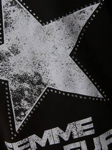 SURIMA Women's Casual Fashionable Street Sweatshirt, Star & Letter Print With Rhinestone Decor, Loose Fit Pullover For Daily Commute - Black - View 6