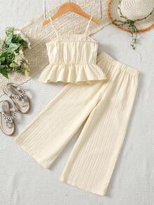 少女可爱休闲度假3D钩编蕾丝边吊带背心搭配松紧腰纹理宽松阔腿裤套装，适合夏季度假、海滩、户外活动 - 杏色 - 查看 2