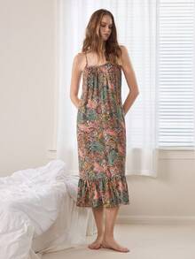 Ocili Women's Paisley & Cashew Flower Comfortable Loose Strap Nightgown, Casual Sleepwear - Multicolor - View 5