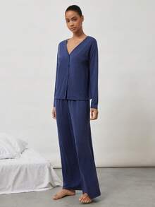 Ocili Comfortable Soft Collarless Women Loungewear Set - Navy Blue - View 4