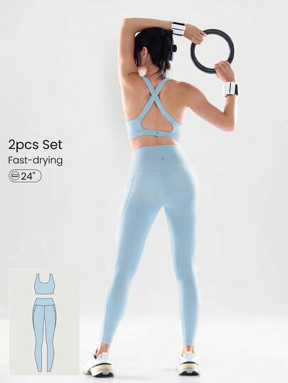 GLOWMODE Bộ 2 món Powersculpt™ Flex Your Fit gồm áo ngực thể thao thấm hút mồ hôi, thoáng mát, dây đeo chéo lưng rộng và quần legging dài 24 inch, thích hợp cho các bài tập cường độ cao, chạy bộ, tập luyện. Áo ngực có mút tháo rời, thích hợp cho mùa xuân hè.