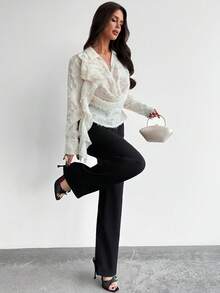 Firerie Spring/Summer New Elegant Refined Romantic Commuter Valentine's Day Date Fashion Lapel Deep Draped Neck Flounced Long Sleeve 3D Textured Fabric Tailored Women's Elegant Commuter White Blouse - Apricot - View 7