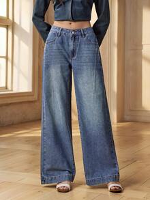 Selenza 女士带口袋纽扣休闲百搭日常穿着阔腿牛仔裤 - 藍色 - 查看 4