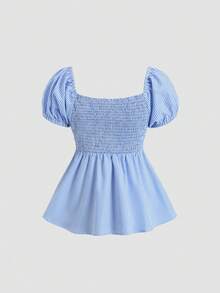 Sweetra 女士休闲舒适百搭蓝色条纹扭结设计短袖衬衫，春夏款 - 藍色 - 查看 2