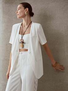 MOTF PREMIUM 女士白色短袖撞色蕾丝优雅外套 - 白色 - 查看 5