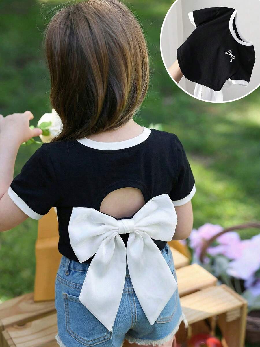 Emery Rose Kids Emery Rose Kids 女童针织纯色拼接修身露背短款上衣,露背设计,饰有O形环和大蝴蝶结,时尚法式优雅,适合返校季、Y2K风格、甜美别致的女性化风格。蝴蝶结衬衫,大蝴蝶结衬衫,可爱蝴蝶结衬衫,露背蝴蝶结衬衫,粉色蝴蝶结衬衫,露背蝴蝶结衬衫 - 黑與白 - 查看 1