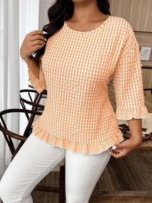 SHEIN LUNE Camisa de cuello redondo minimalista y fresca a cuadros en talla grande - Naranja Quemada - Ver 3