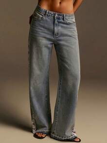 Athîral Women's Pockets Button Applique Patchwork Casual Versatile Daily Wear Wide Leg Jeans - Baby Blue - View 4