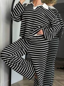 Bethéva 女式两件套宽松条纹 V 领落肩长袖 T 恤和松紧腰条纹裤，冬季毛衣套装，秋冬 - 黑色 - 查看 3