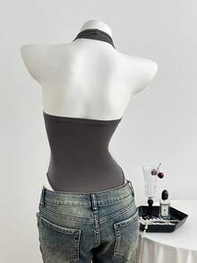 Elamini Women's Deep V-Neck Casual Bodysuit, Spring/Summer - Dark Grey - View 2