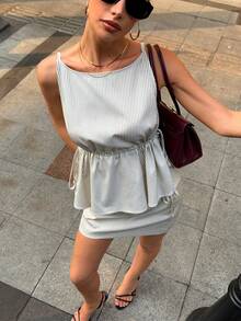 Siren Gaze Women's Summer Chic Two-Piece Set: Vertical Striped Sleeveless Fitted Top + High-Waisted Mini Skirt. A Casual, Slimming, Versatile, And Stylish Two-Piece Set. Striped Dress Striped Two Piece Set Beige Two Piece Set Layered Top And Skirt - Apricot - View 4