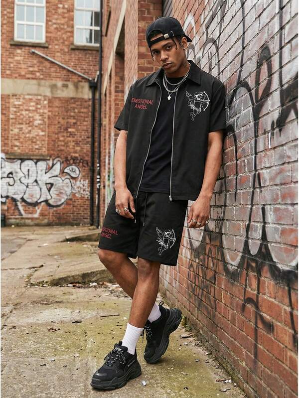 Manfinity LEGND Manfinity Streetrush Men's Angel Graphic Zip-Up Shirt Suit, Black Color Shirt Outfit,Men Two Pieces Outfit