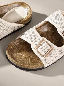 Solecia 女士编织亮面网布双扣设计闭趾休闲平底凉鞋，杏色 - 杏色 - 查看 5