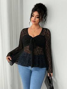 Elenzga 女士加大码心形领喇叭袖提花蕾丝效果T恤 - 黑色 - 查看 4
