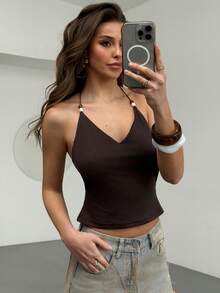 Aloruh 棕色串珠吊带背心，女士夏季紧身性感复古吊带背心，沙滩度假无袖上衣 - 棕色 - 查看 9