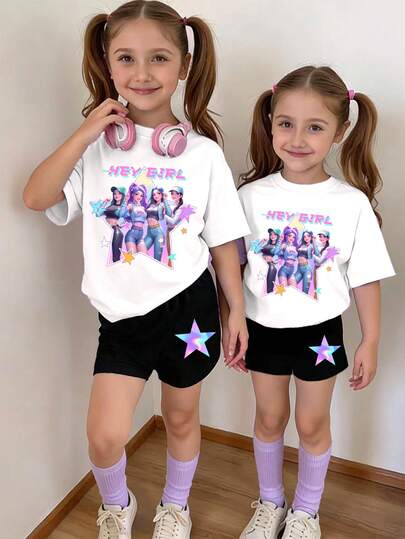 Set de 2 piezas de camiseta de manga corta con cuello redondo y pantalones cortos con estampado de estrella colorido y gráfico de anime K-POP para niña, adecuado para atuendos casuales de primavera/verano
