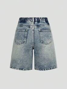 SHEIN 少女Y2K街头风户外休闲做旧松紧腰宽松牛仔短裤 - 淺色水洗藍 - 查看 2